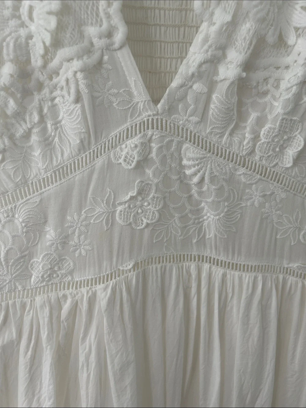 White Lace Bohemian Maxi Dress Tiered Smocked Empire Waist Embroidered Bridal - Picture 16 of 16